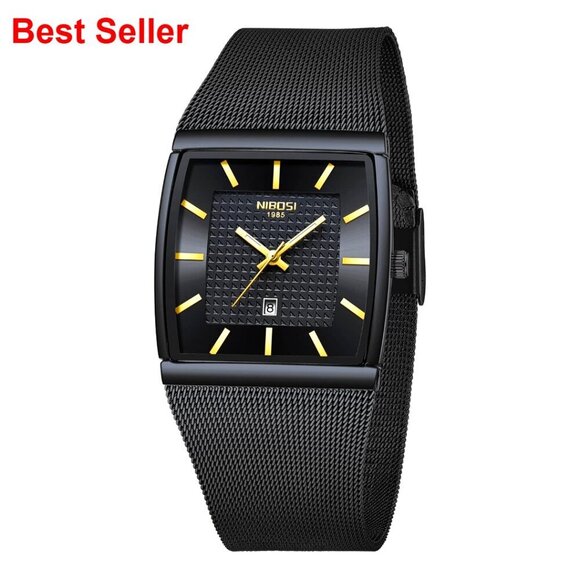 Stainless Steel Square Analog Quartz Watch with Mesh Strap